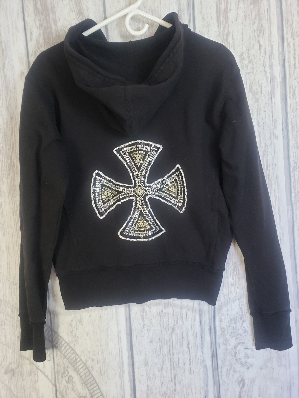 Vintage Y2K Twisted Heart rhinestone and beaded Maltese cross hoodie.C3
